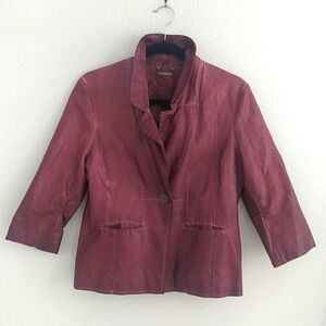 Vegan/Faux Leather Purple Fitted Jacket w Rouched Sleeves & Pockets